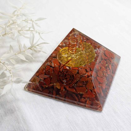 Crystal Pyramid with Red Jasper "Flower of Life"