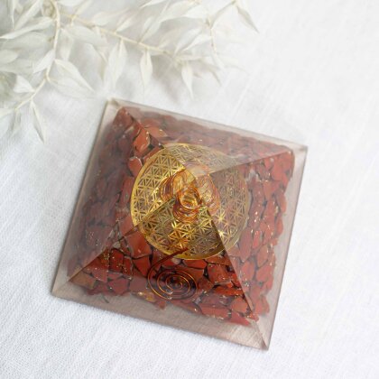 Crystal Pyramid with Red Jasper "Flower of Life"