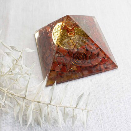 Crystal Pyramid with Red Jasper "Flower of Life"